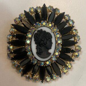 Vtg JULIANA navette crystal aurora borealis black/white cameo 2 1/4" brooch